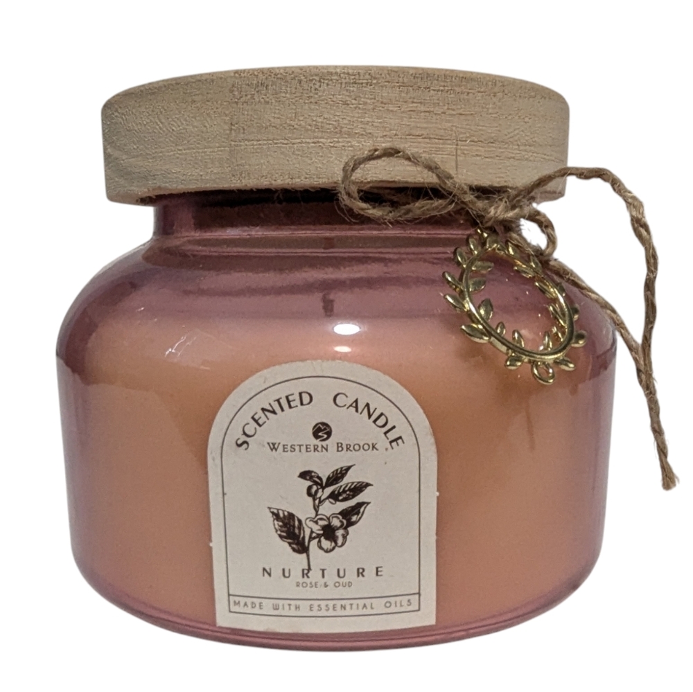 New'NURTURE Rose & Oud Western Brook Scented Single Wick Beige Candle 18 oz.